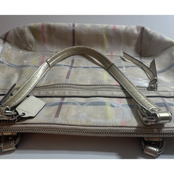 Coach Poppy Tattersall Signature Plaid Tote Bag Metallic Leather Trim 19871 15” - Picture 8 of 11